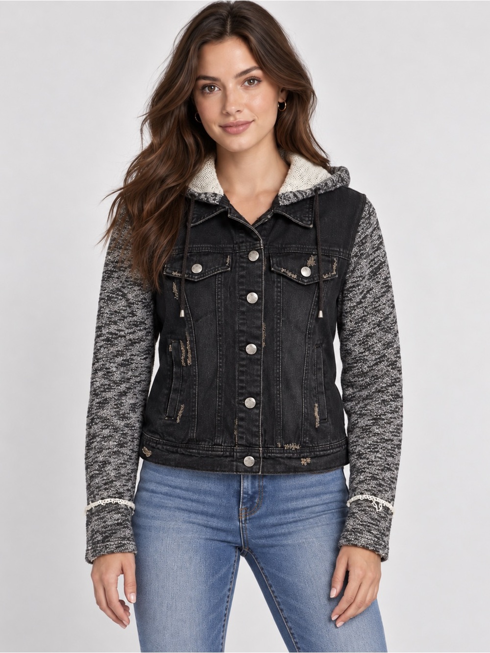 Free People Black Distressed Denim & Knit Hooded Jacket – XS